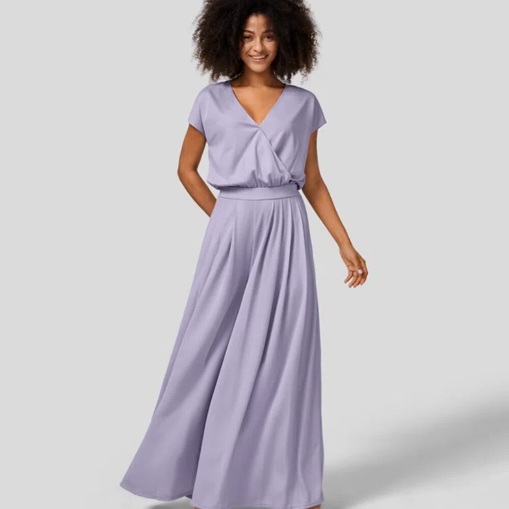 Halara V Neck Short Sleeve Plicated Side Pocket Wide Leg Jumpsuit - Picture 5 of 5